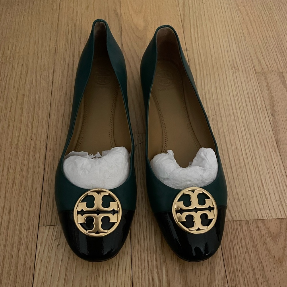 Green and Black Flats with Gold Emblem